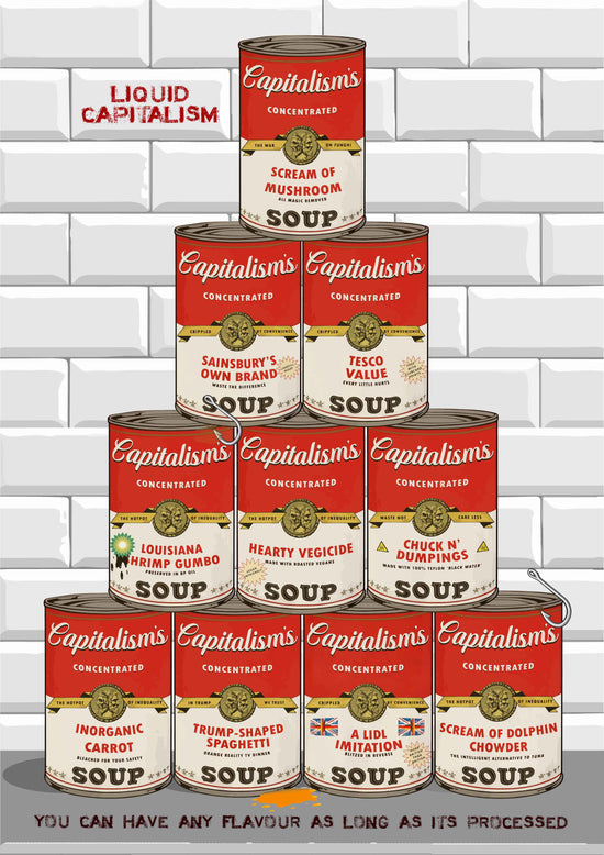 Pyramid Selling is a kitchen-based composition from Ben Cowan's Liquid Capitalism series. Inspired by Andy Warhol's Campbell's soup cans. An icon of Pop Art in the 1960s and 1970s. Digital giclee prints are available via Art THat Makes You Think shop