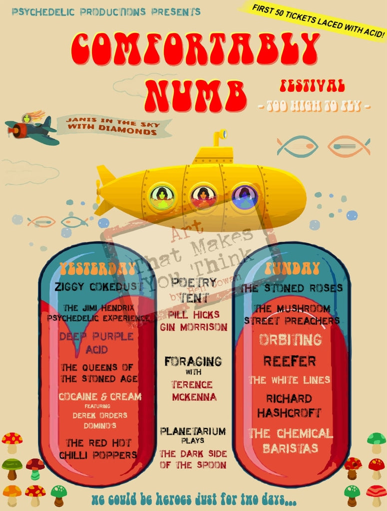 Comfortably Numb - A Festival Poster For The Drug-Addled Bands A2 Posters Prints & Visual Artwork